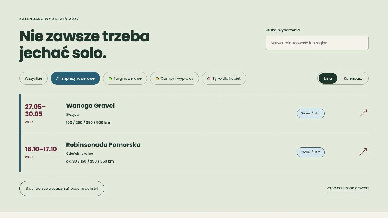 Podgląd kalendarza z wyszukiwarką, kategoriami i wydarzeniami Wanoga Gravel oraz Robinsonada Pomorska